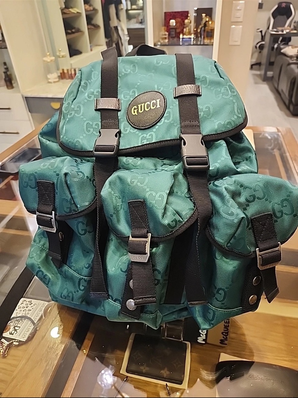 Gucci Teal Monogram Nylon Multi-Pocket Backpack